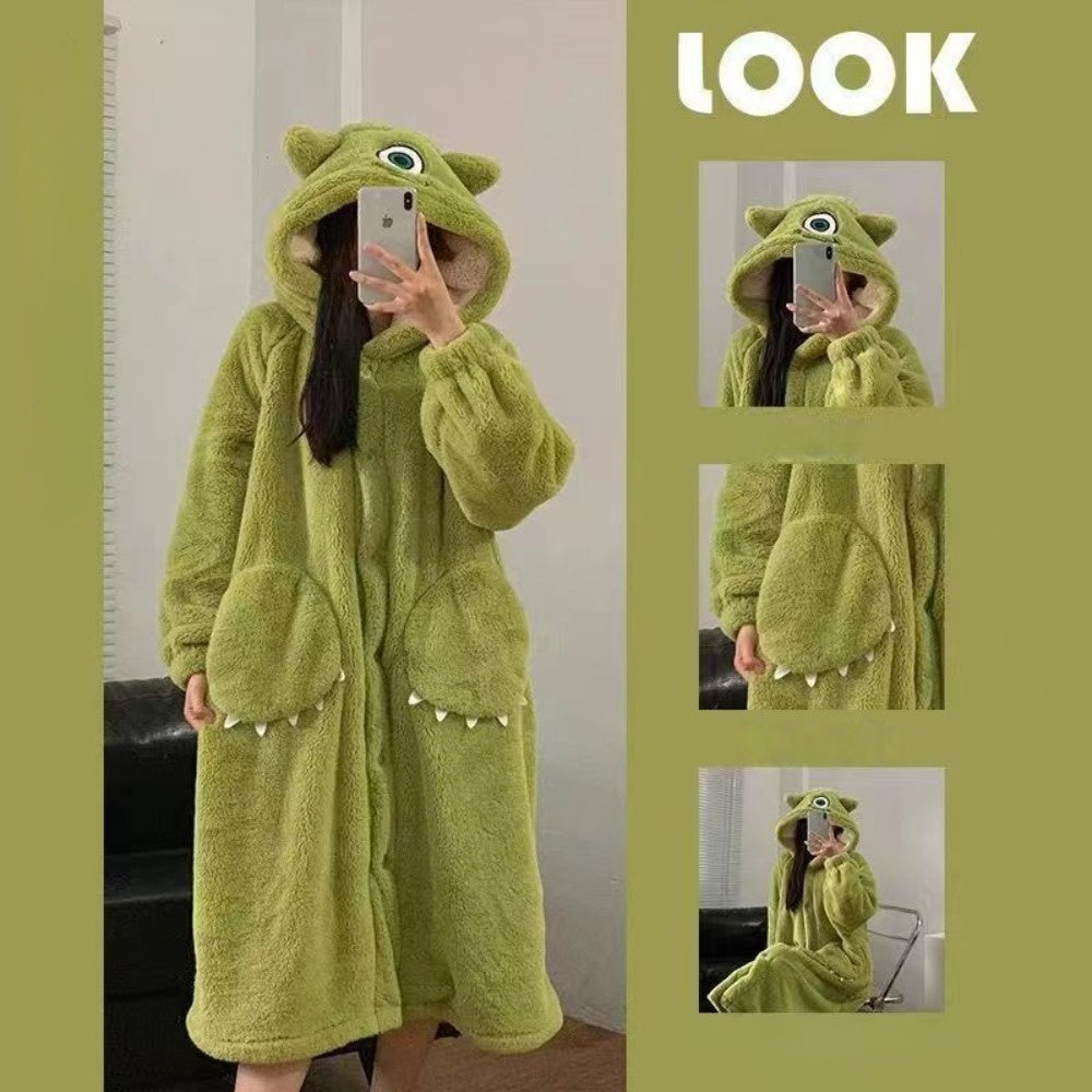 Green Fleece Hooded Dressing Gown with Pockets for Women - Anna