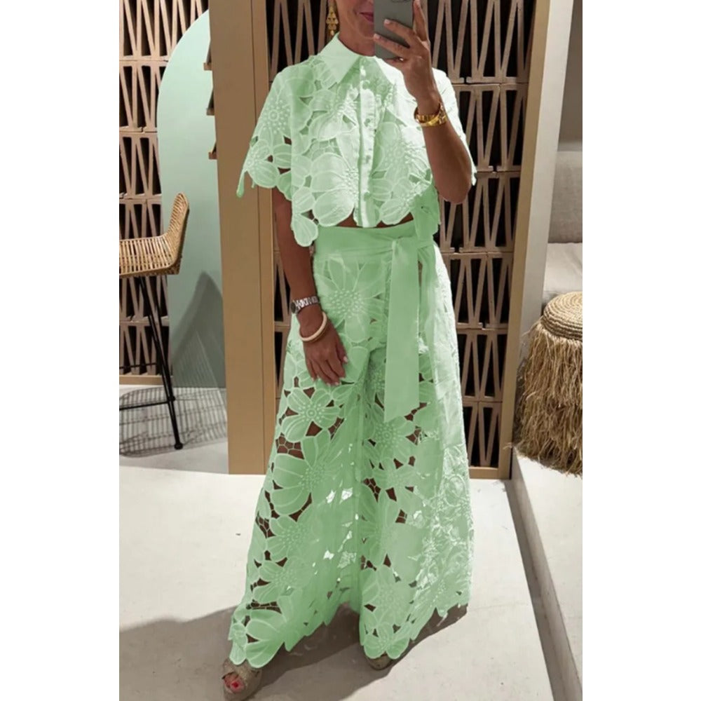 Lace Short Sleeve Top and Wide Leg Pants Set for Women - Virginia