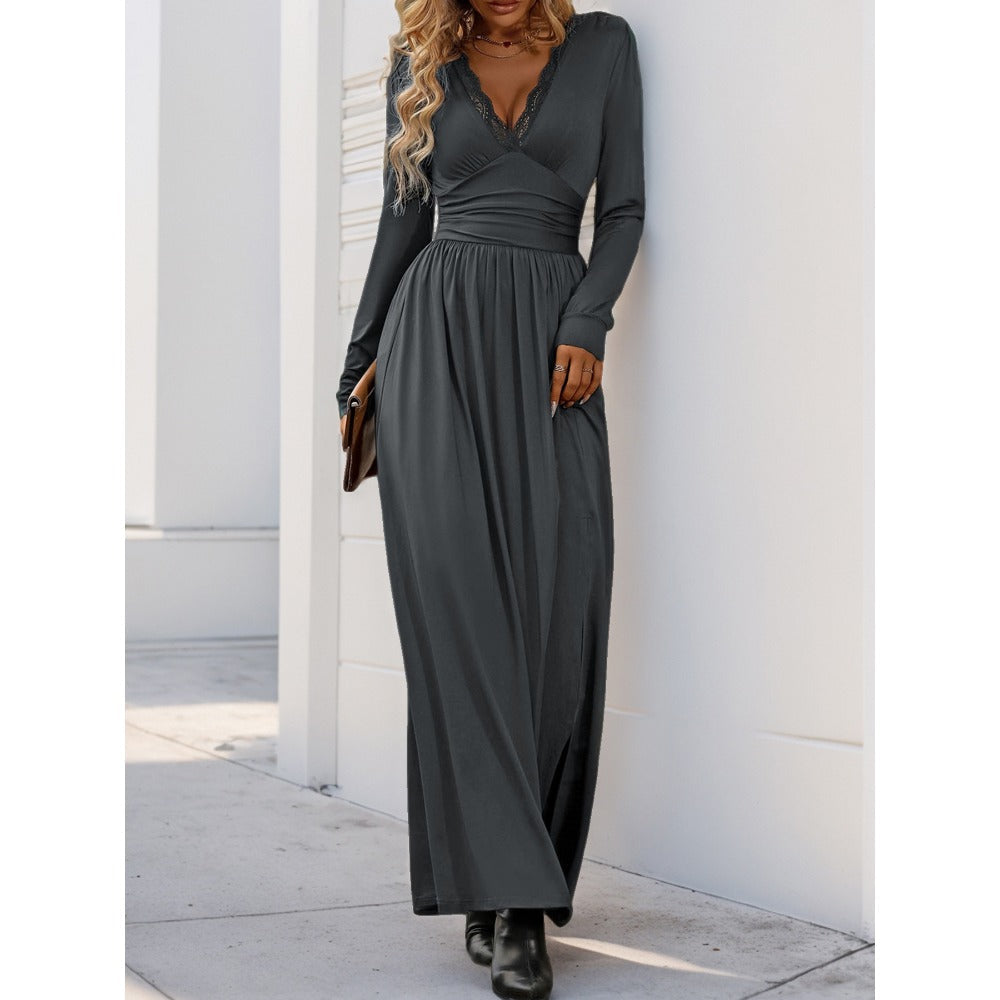 Maxi Dress with Lace V-Neck and Side Slit for Women - Ada