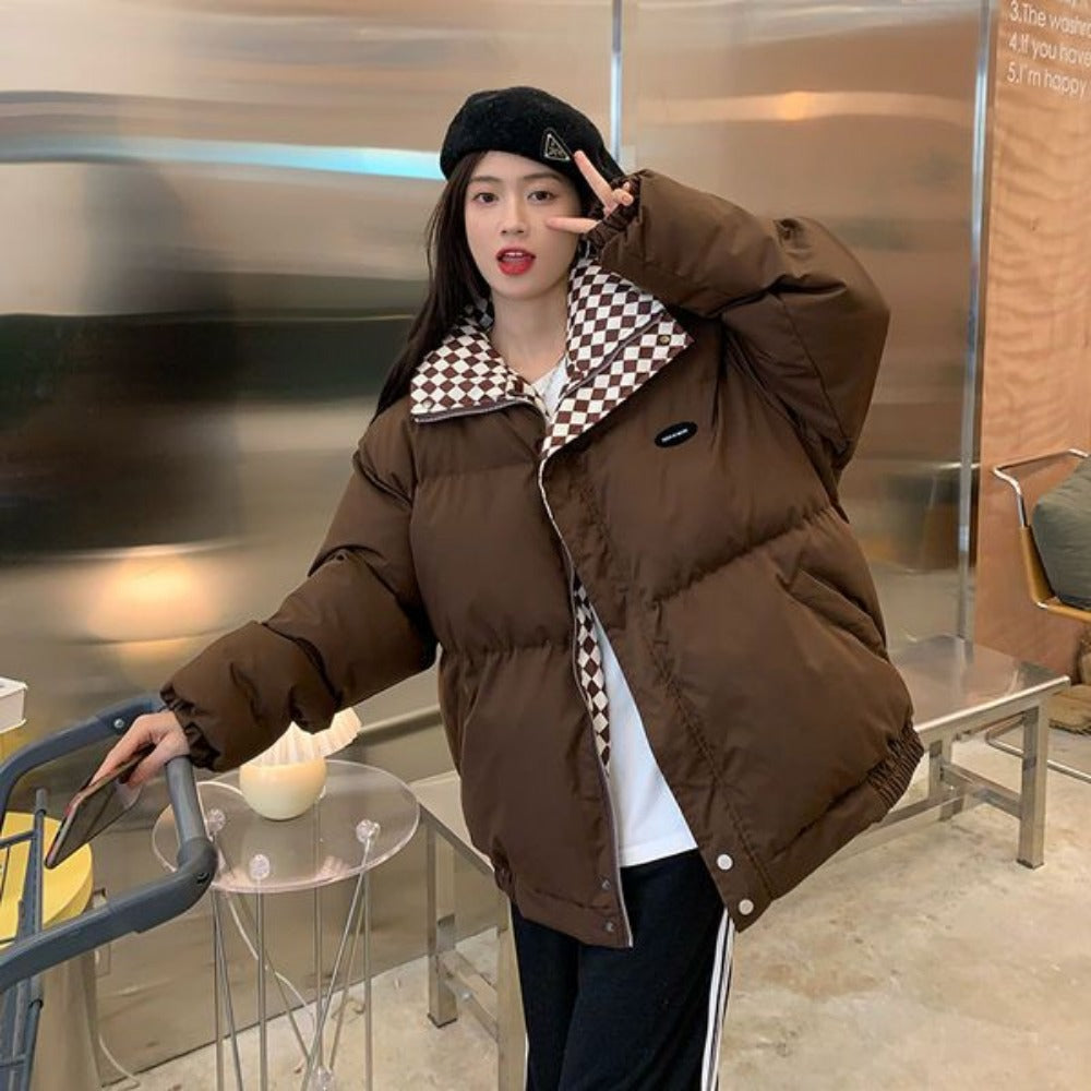 Puffer Jacket with Checkered Collar for Women - Caterina