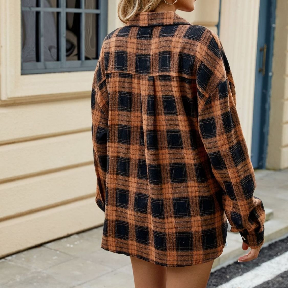 Casual Plaid Button Front Shirt with Chest Pockets for Women