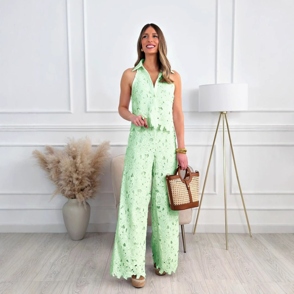 Lace Halter Top and Wide Leg Pants Set for Women - Vanna