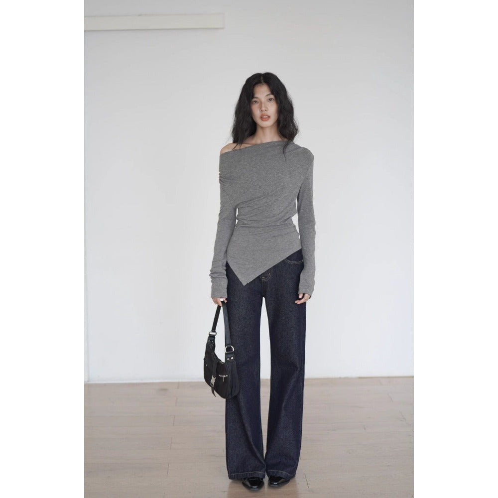 Gray Off Shoulder Long Sleeve Top for Women - Giuliana