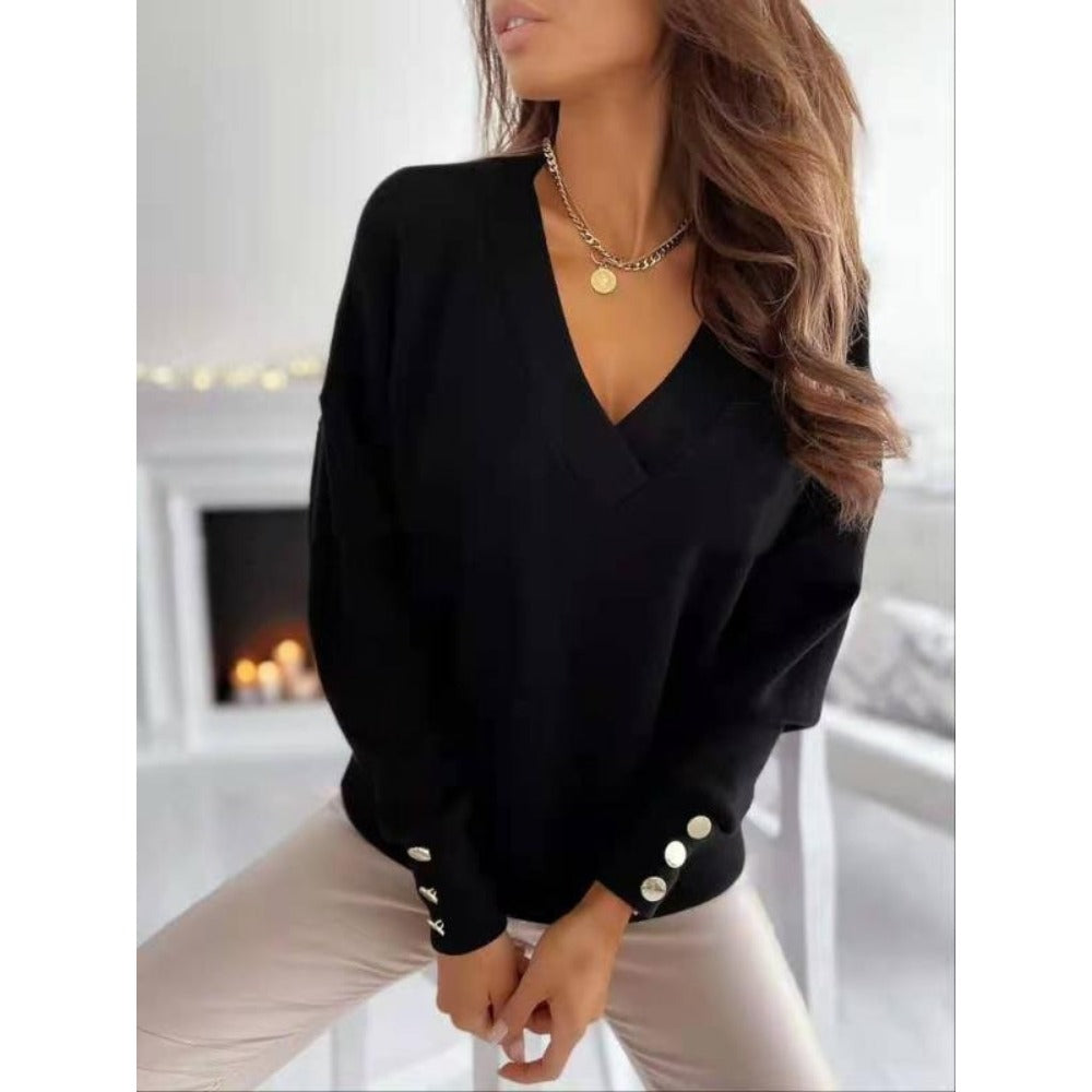 V-Neck Sweater with Button Sleeves for Women - Antonella