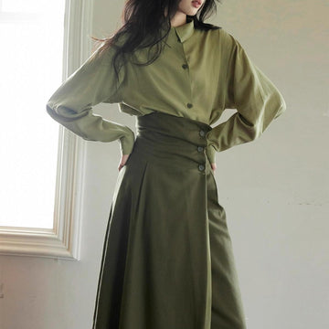 Olive Green Two Piece Long Sleeve Top and Skirt Set for Women - Giusy