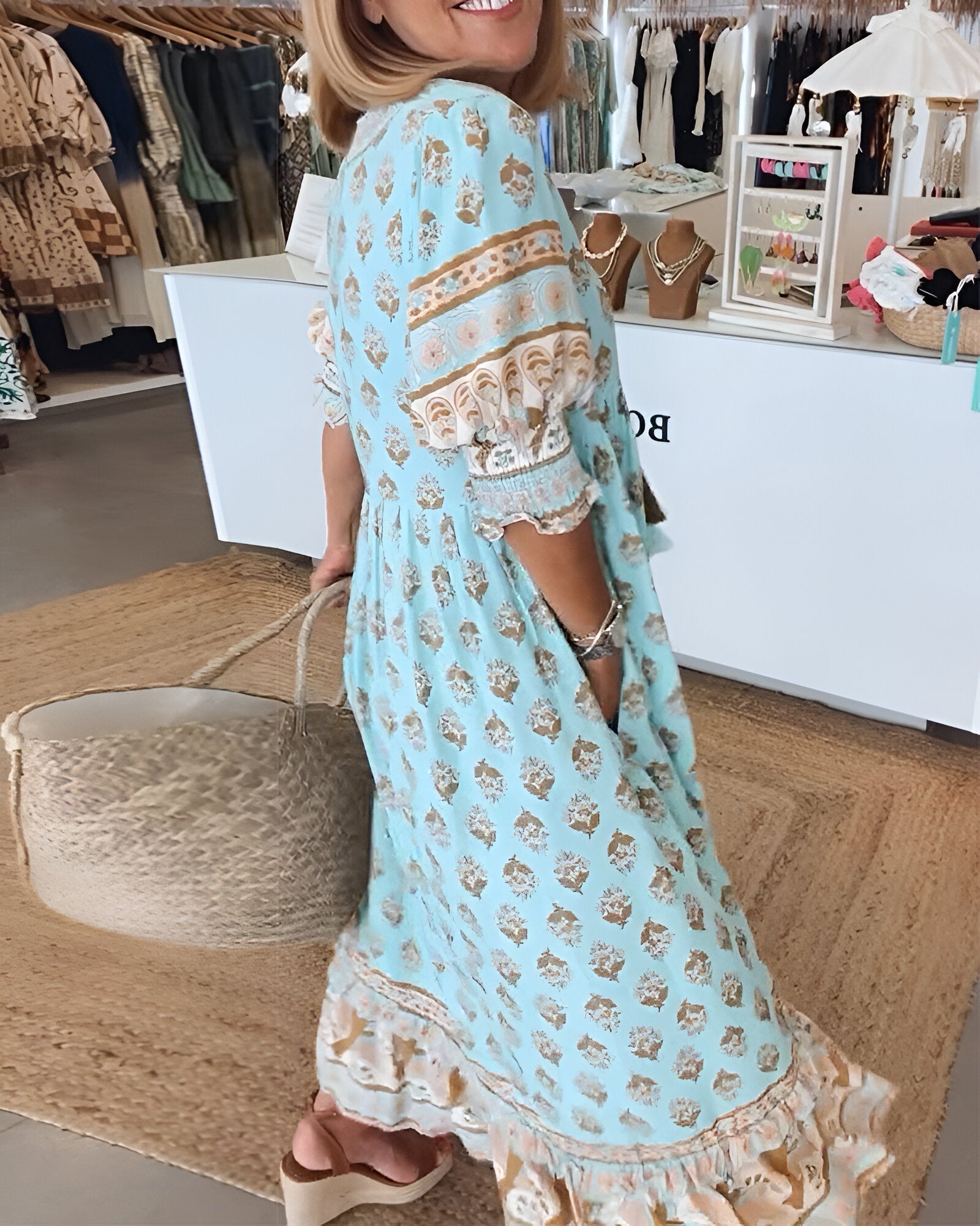 Boho-Style Floral V-Neck Maxi Dress for Women