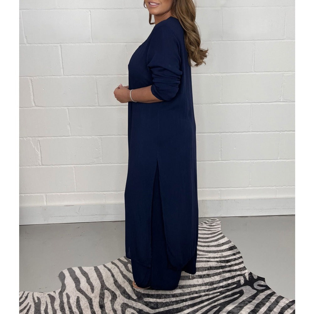 V-Neck Long Sleeve Split Hem Jumpsuit for Women - Costanza