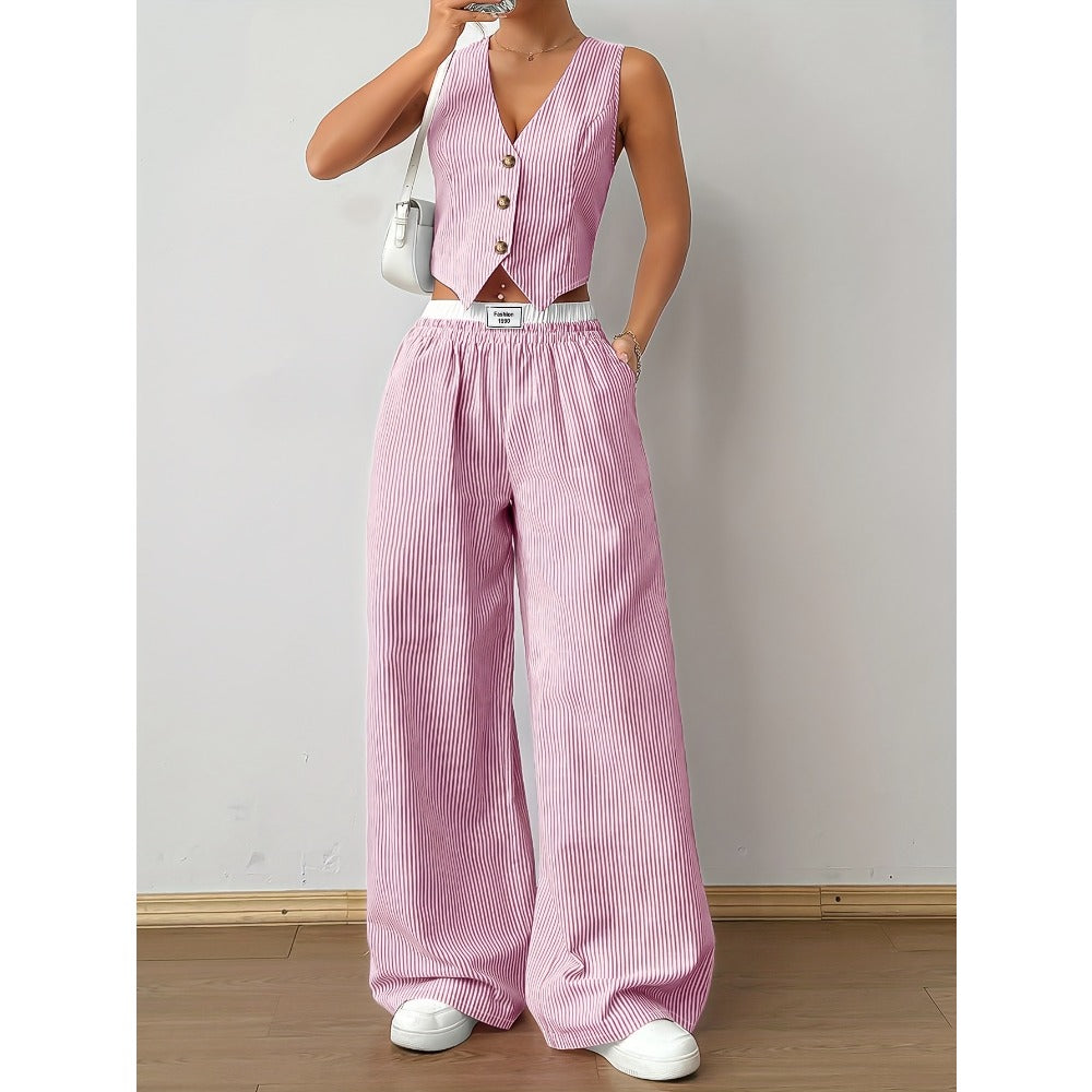 Striped Two Piece Wide Leg Pants Set for Women - Debora