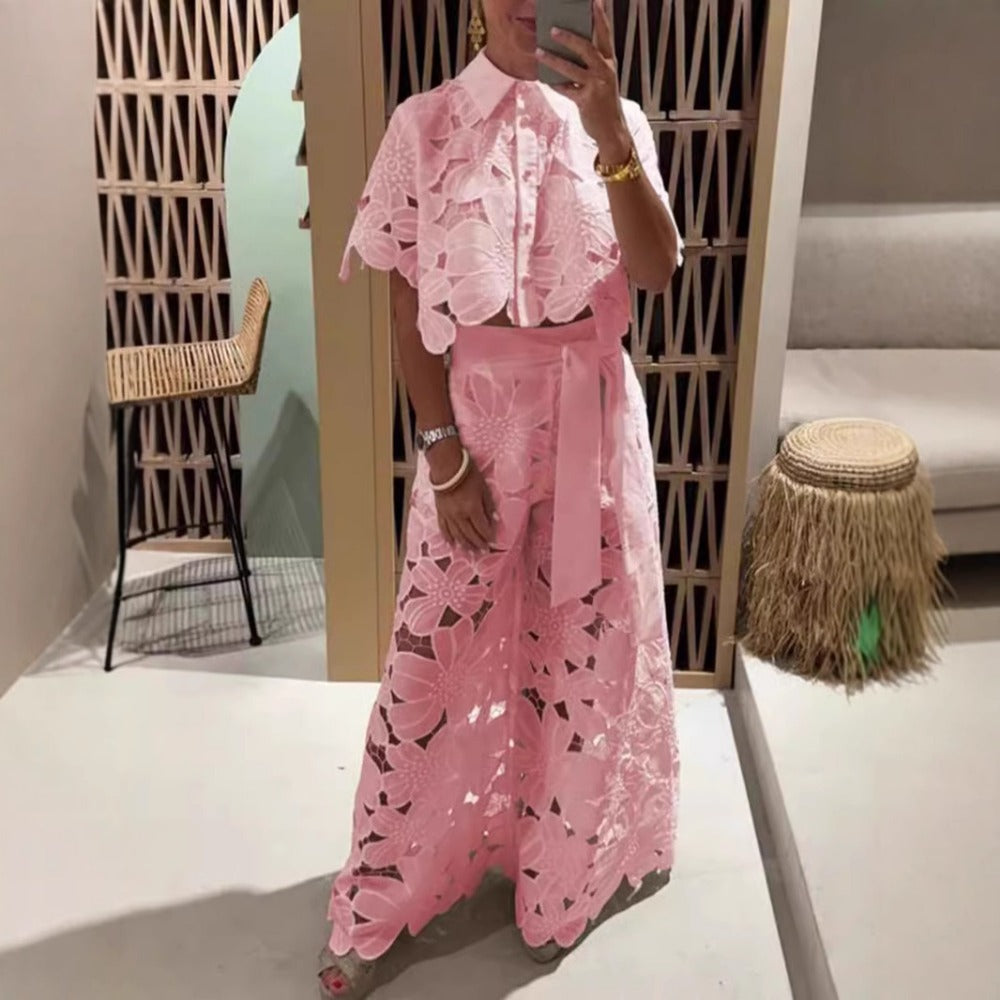 Lace Short Sleeve Top and Wide Leg Pants Set for Women - Virginia