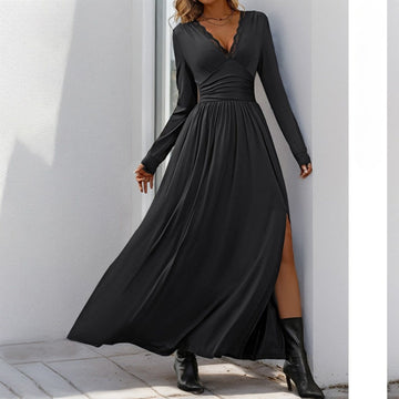 Maxi Dress with Lace V-Neck and Side Slit for Women - Ada