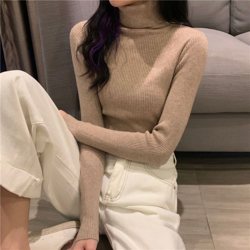 Ribbed Turtleneck Long Sleeve Sweater Top for Women - Sonia