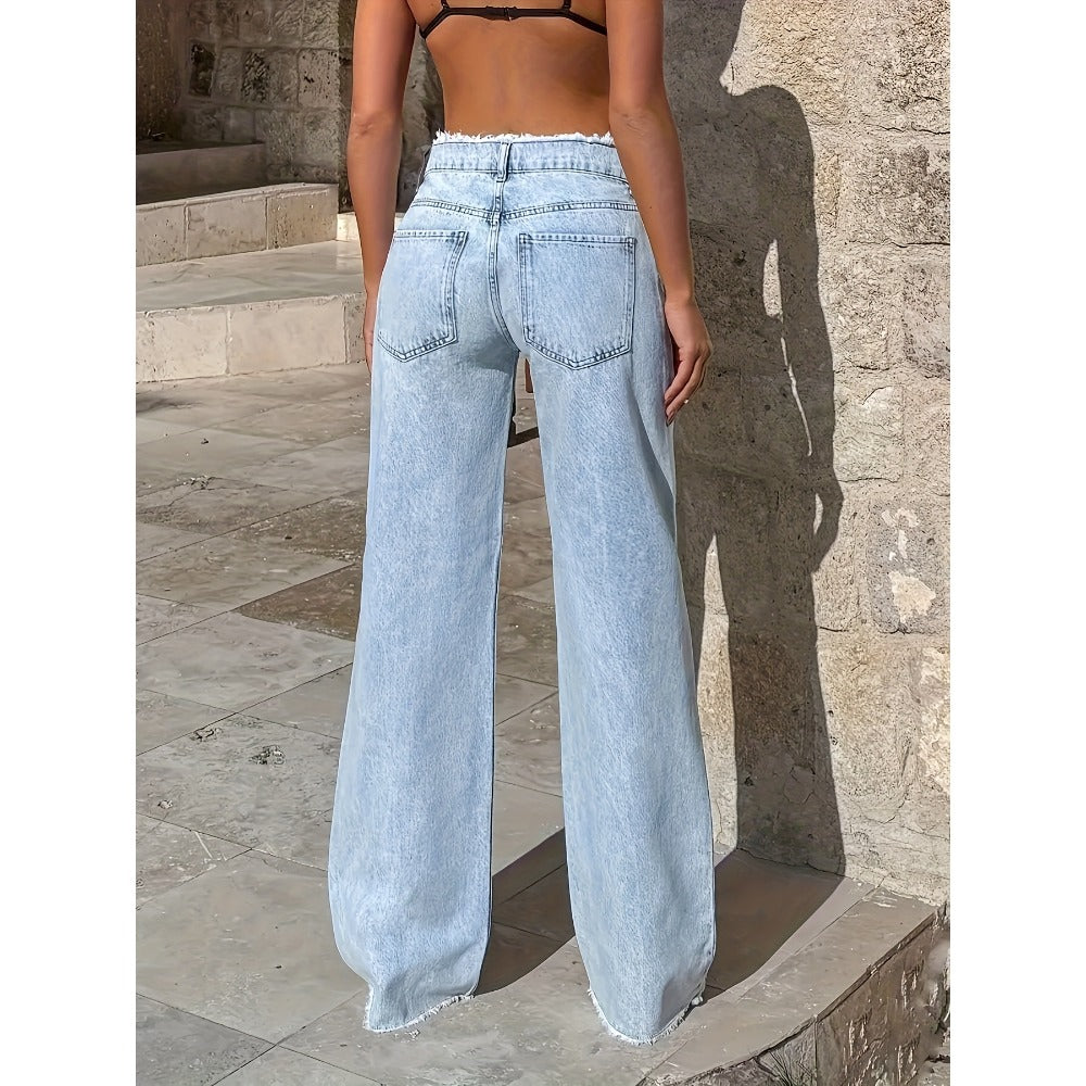 Light Blue Wide-Leg Denim Jeans with Frayed Hem for Women - Eva