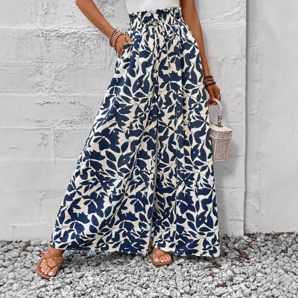 Navy Blue Floral Print Wide Leg Pants for Wome - Ornella