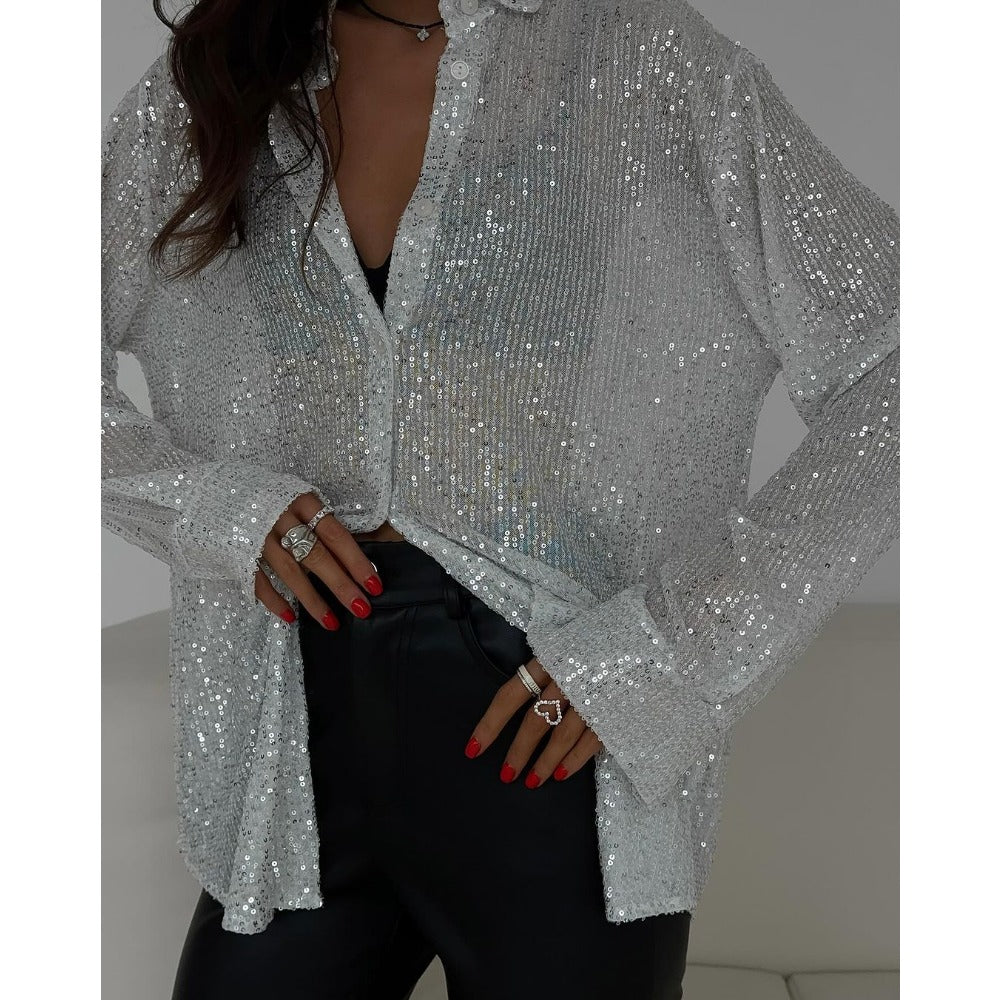 Sequin Button Up Long Sleeve Shirt for Women - Olga