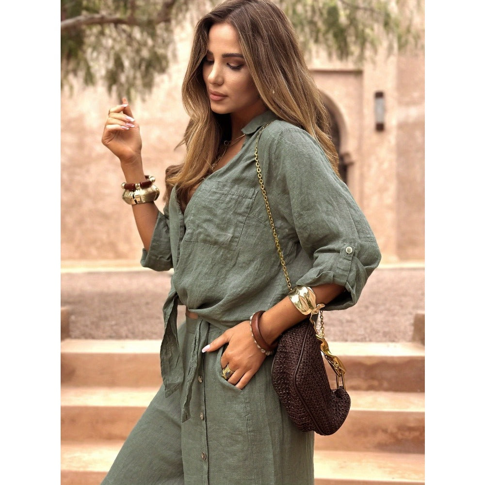 Button Front Shirt and Wide Leg Pants Set for Women - Eleonora