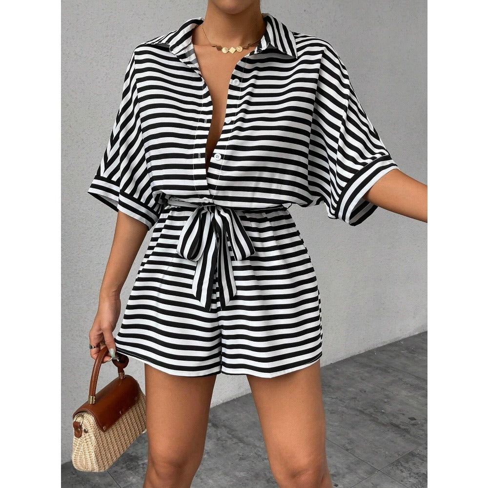 Striped Short Sleeve Belted Romper for Women - Teresa