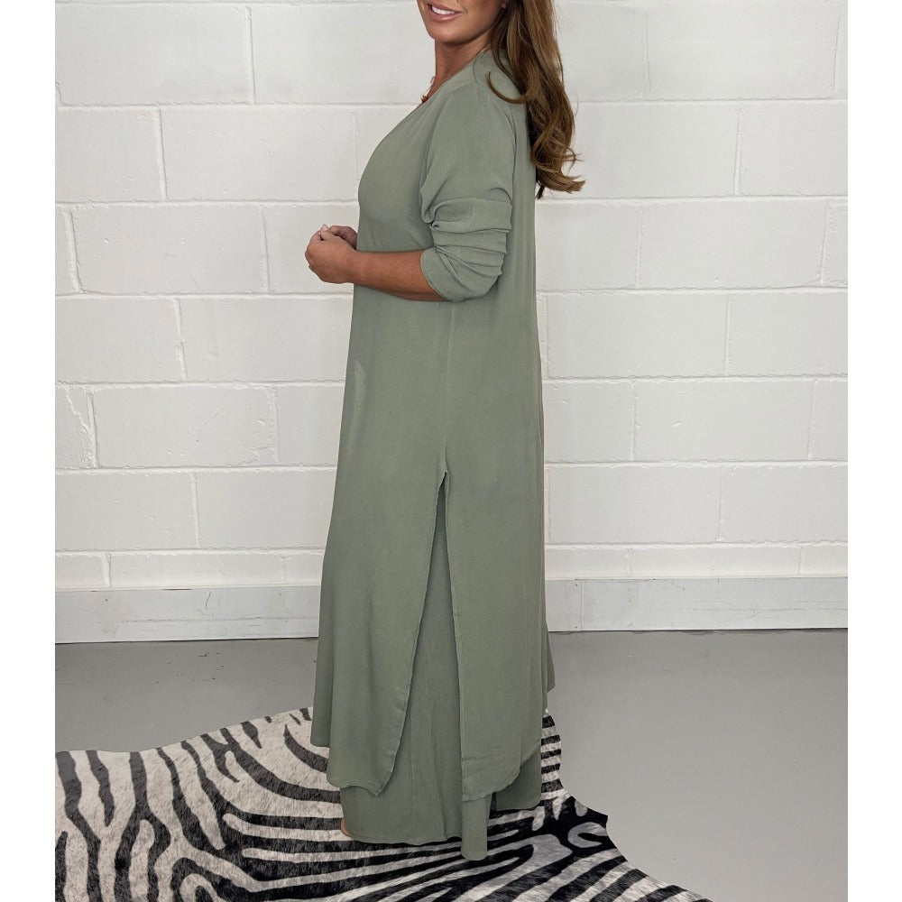 V-Neck Long Sleeve Split Hem Jumpsuit for Women - Costanza