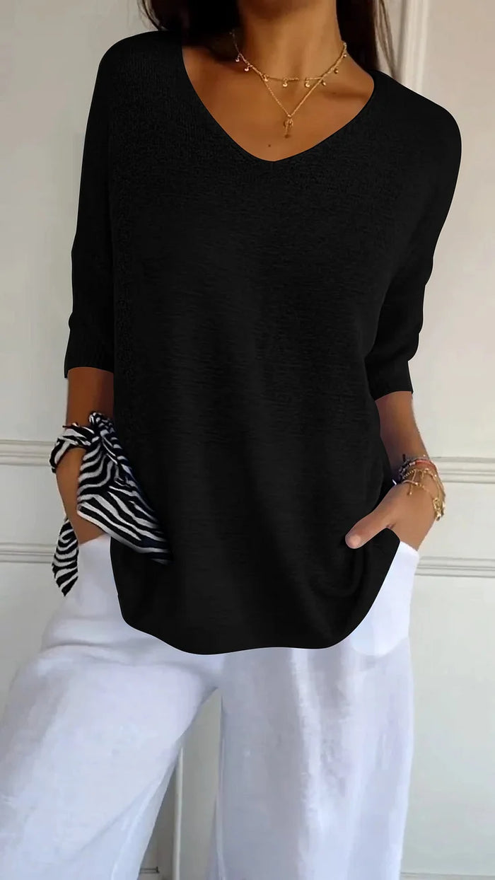 Soft Knit Top with V-Neck and 3/4 Sleeves for Women