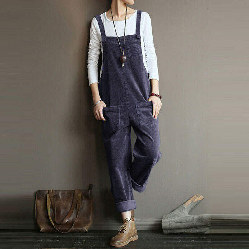 Retro Casual Corduroy Overall Jumpsuit with Pockets for Women