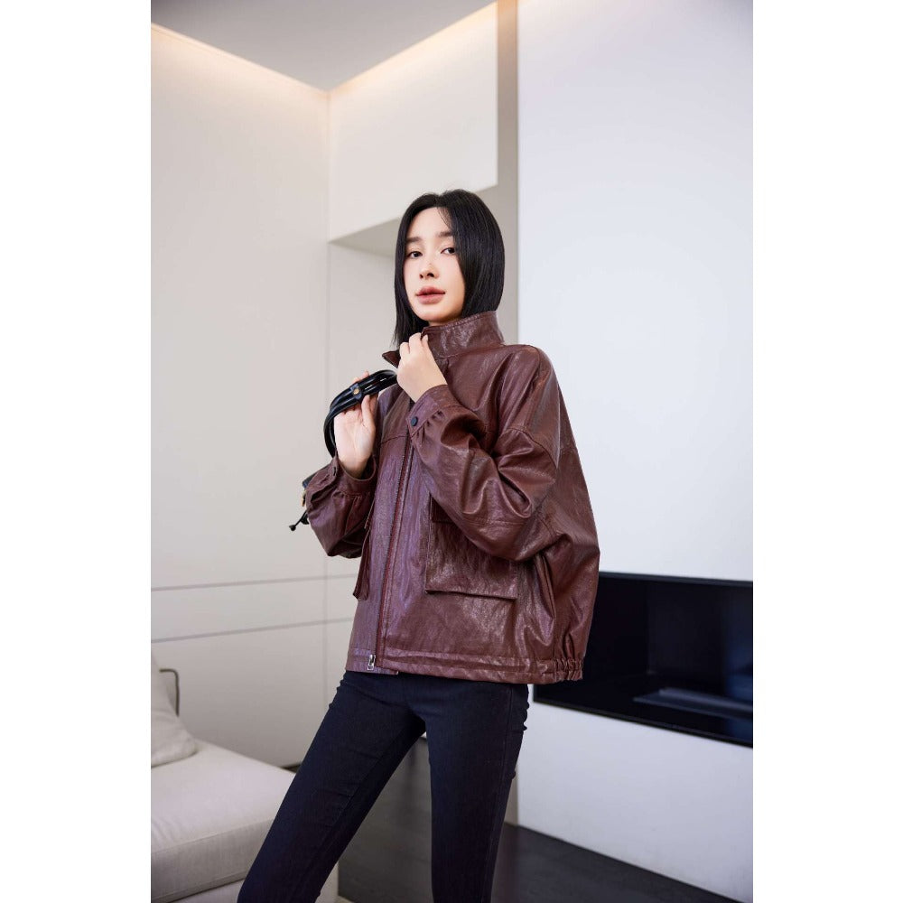 Faux Leather Zip Up Jacket with Pockets for Women - Elide