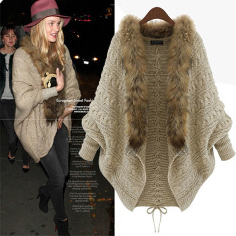 Knit Cardigan with Faux Fur Collar for Women - Silvia