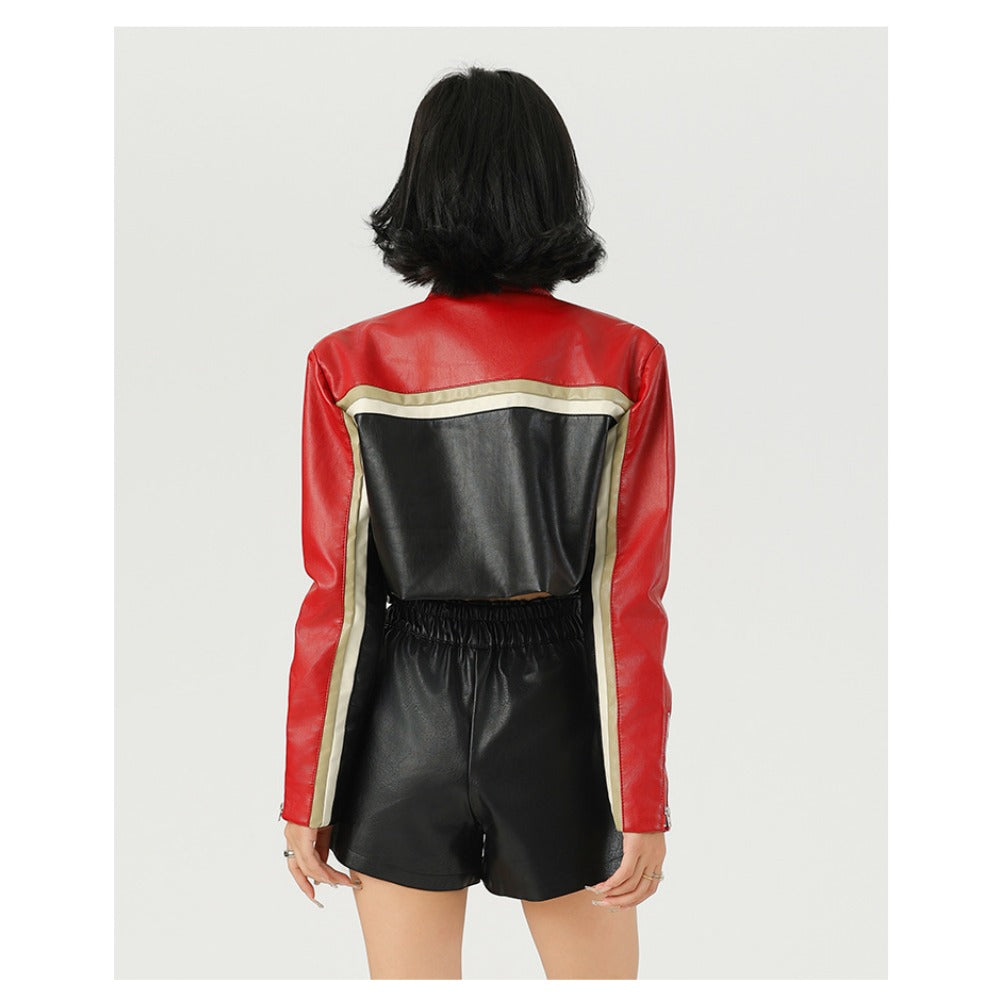 Red and Black Leather Biker Jacket for Women - Annarita