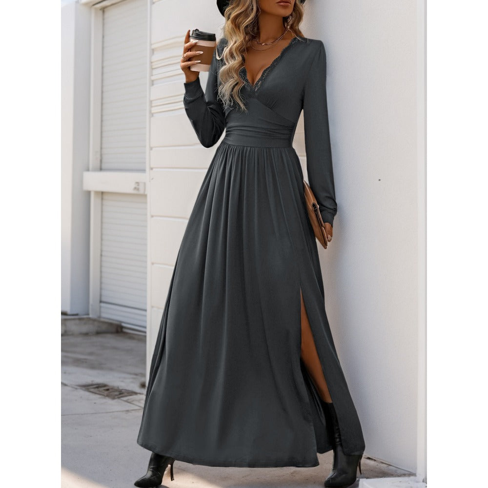 Maxi Dress with Lace V-Neck and Side Slit for Women - Ada
