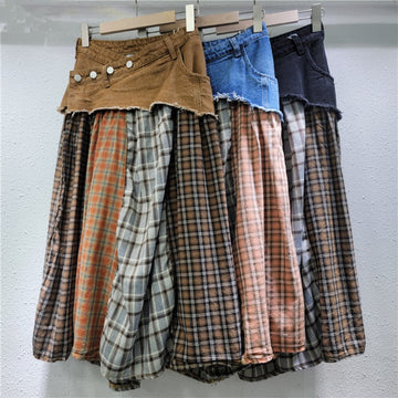 Plaid Patchwork Midi Skirt with Denim Waist for Women - Carlotta