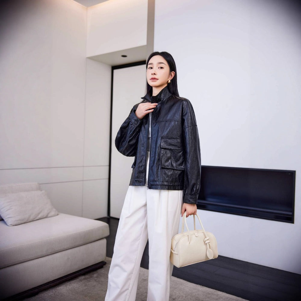 Faux Leather Zip Up Jacket with Pockets for Women - Elide