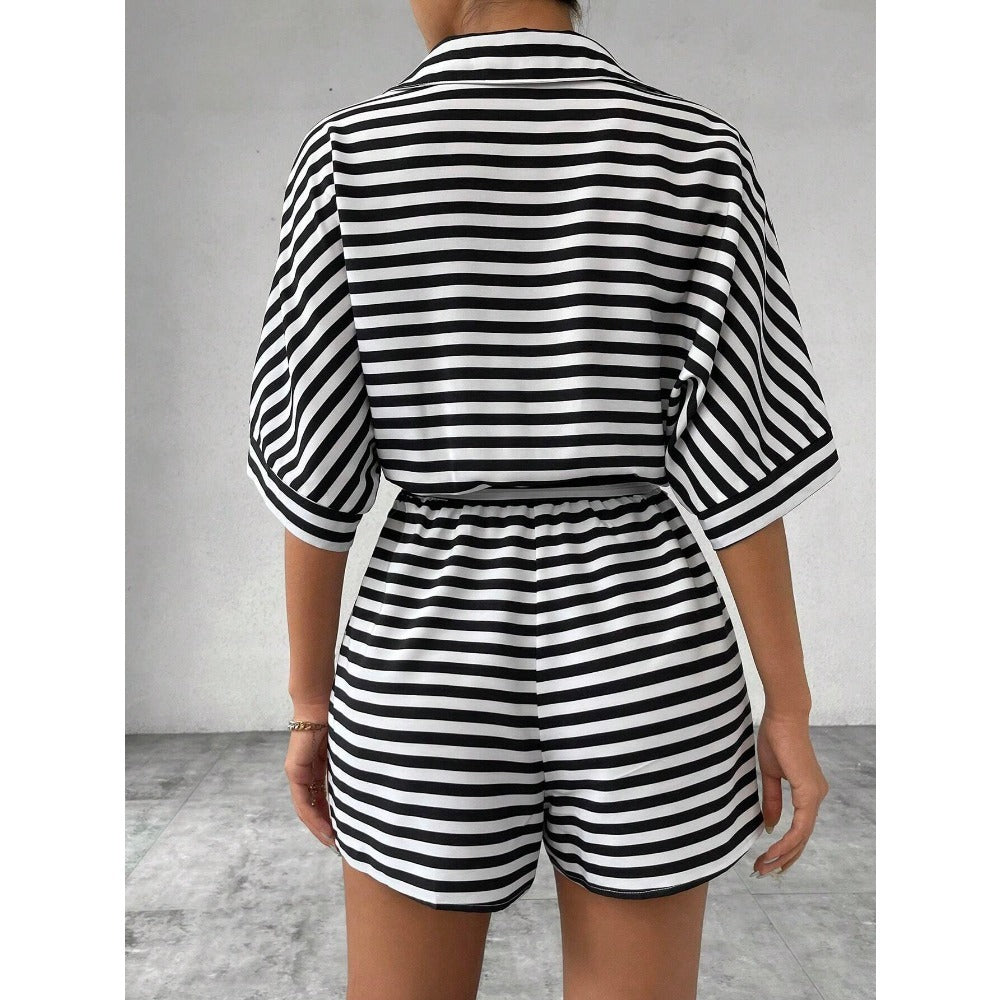 Striped Short Sleeve Belted Romper for Women - Teresa