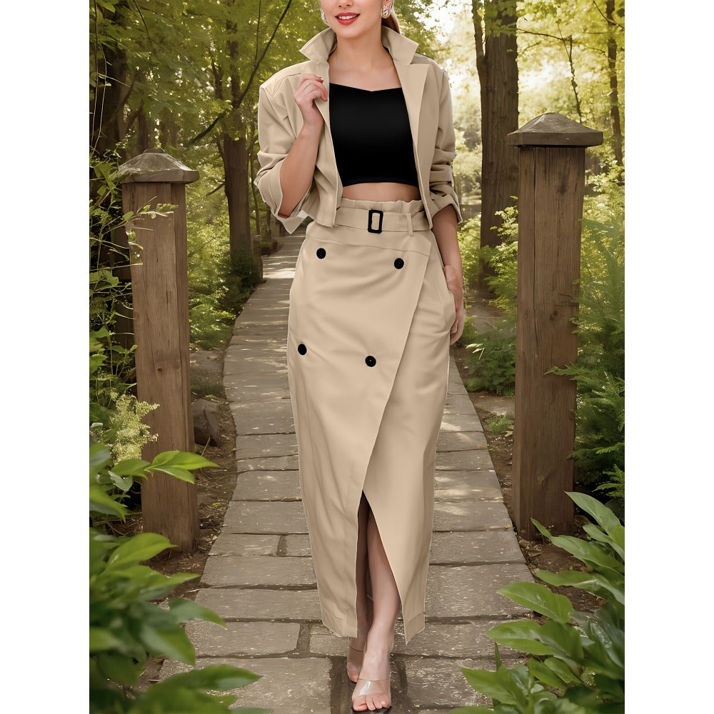 Trench Coat Skirt Set with Belt for Women - Grazia