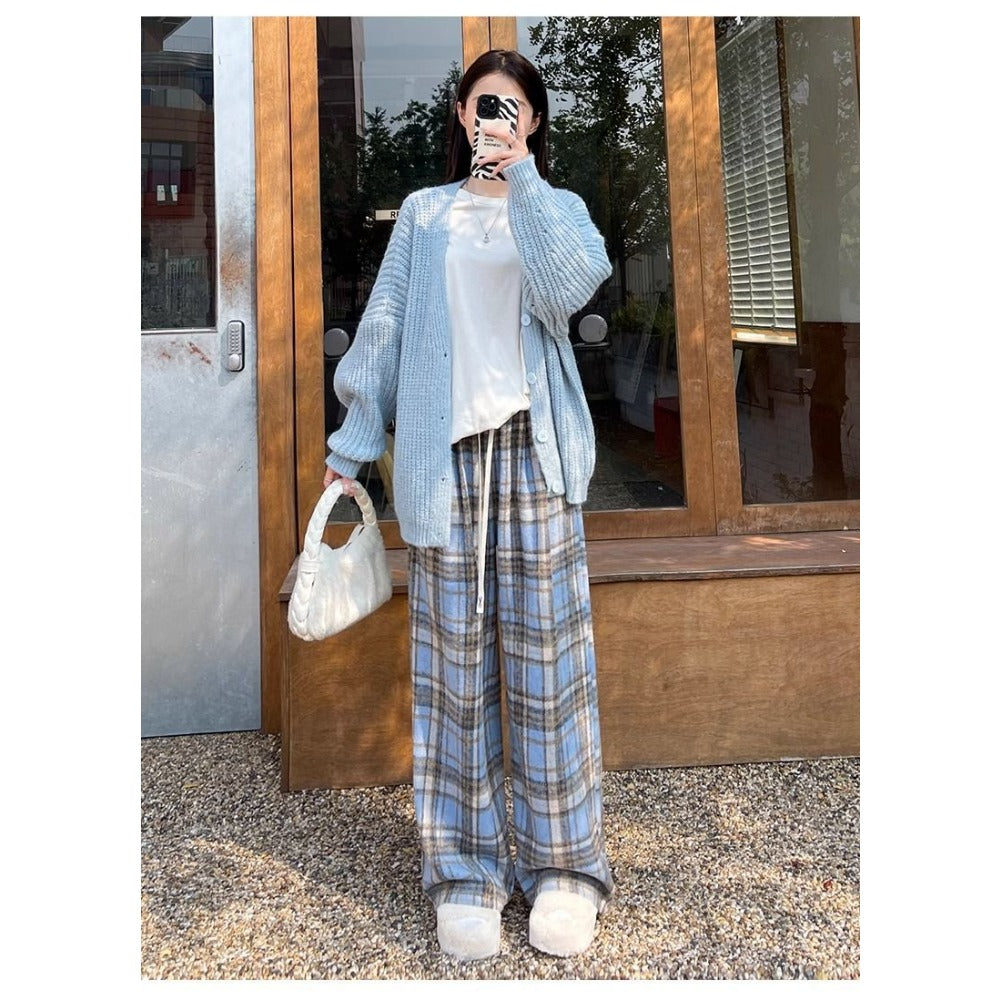 Plaid Wide-Leg Fleece-Lined Pants with Drawstring for Women - Miriam