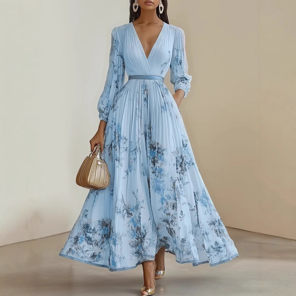 Floral Print Pleated Maxi Dress with Long Sleeves for Women - Gelsomina