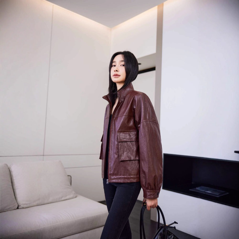 Faux Leather Zip Up Jacket with Pockets for Women - Elide