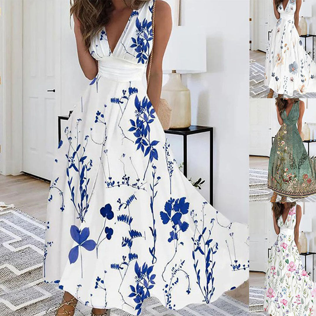 Airy Deep V-Neck Floral Maxi Dress for Women