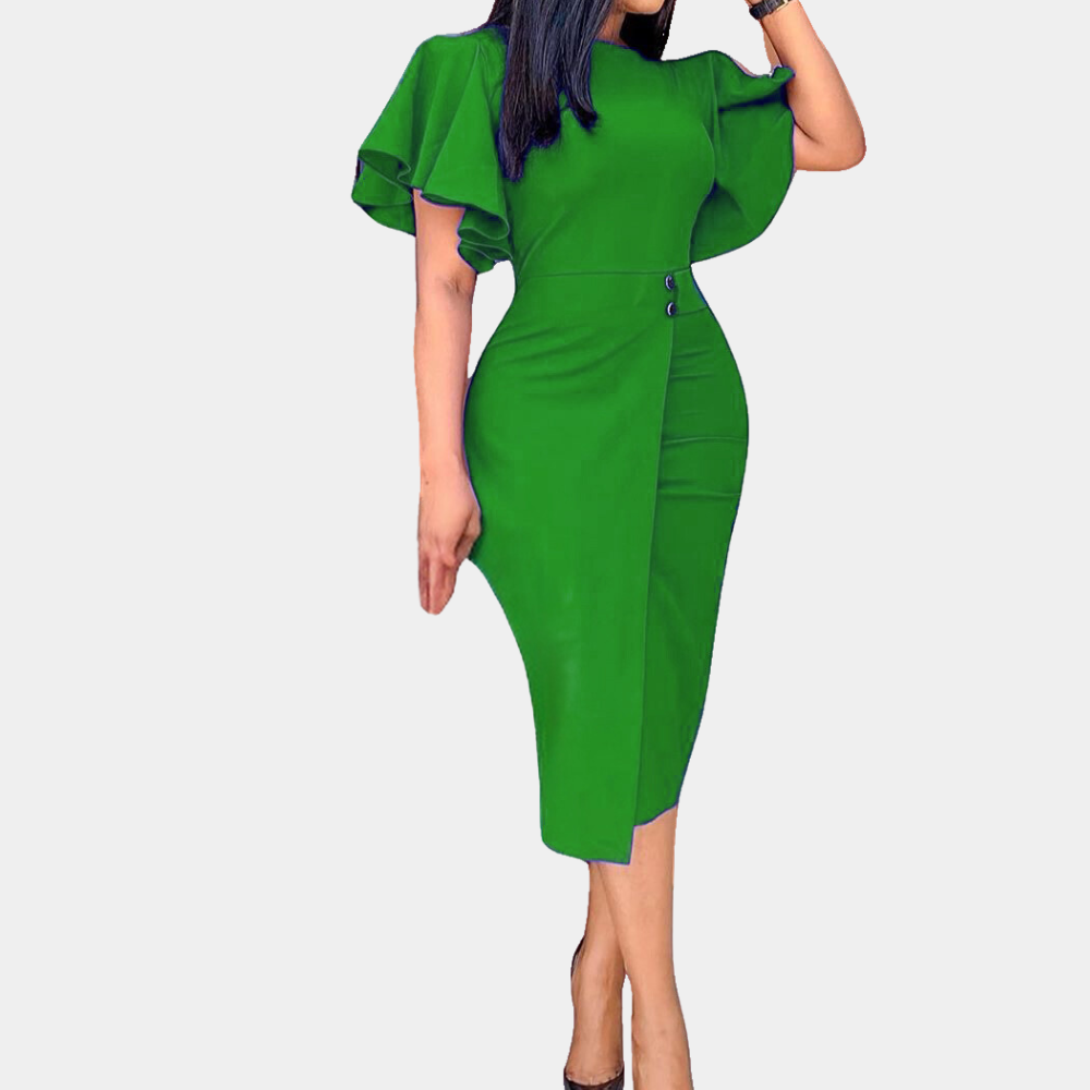 Women’s Midi Wrap Dress with Ruffled Sleeves and Fitted Silhouette
