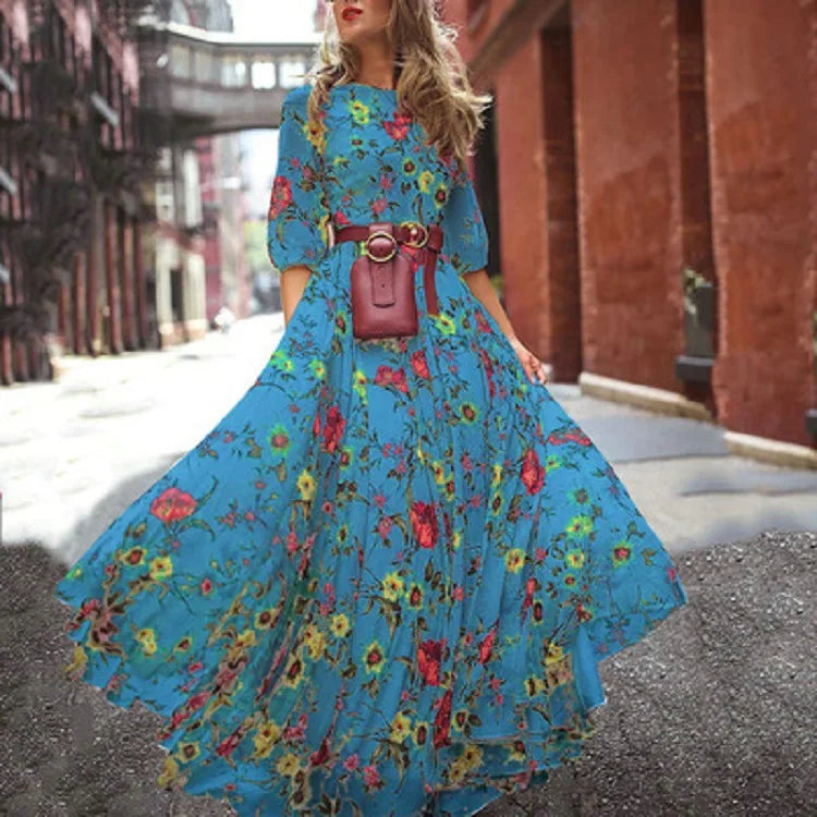 Belted Maxi Dress with 3/4 Sleeves for Women