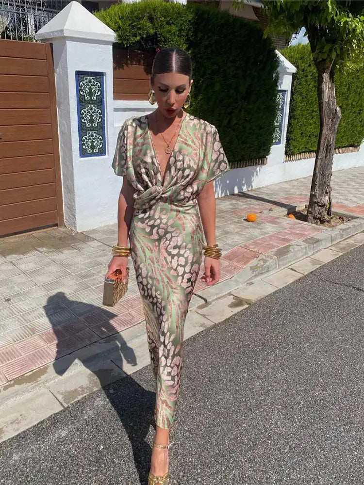 Elegant Midi Dress with Twisted V-Neck for Women | Sophisticated Style