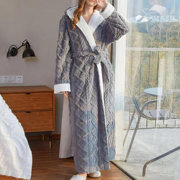 Soft Hooded Dressing Gown with Self Tie Belt for Women