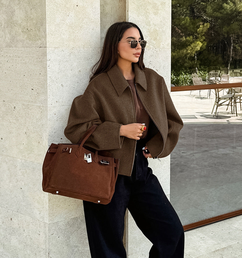 Brown Zip Up Short Jacket with Long Sleeves for Women - Rosalinda