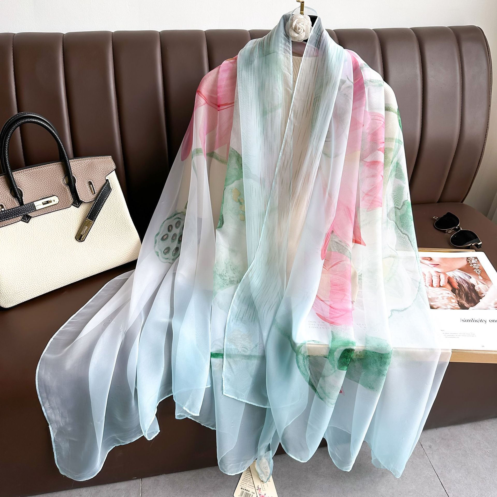 Silk Floral Print Chiffon Scarf for Women - Rosaria