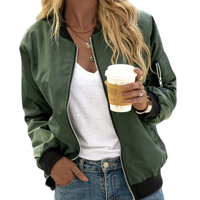 Casual Zipper Bomber Jacket for Women – Long Sleeve