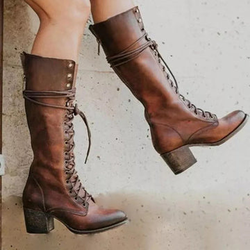 Women’s Knee High Leather Boots with Lace Up and Side Zip