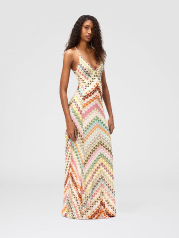 Multicolor Chevron Print Maxi Dress with Spaghetti Straps for Women - Sabina