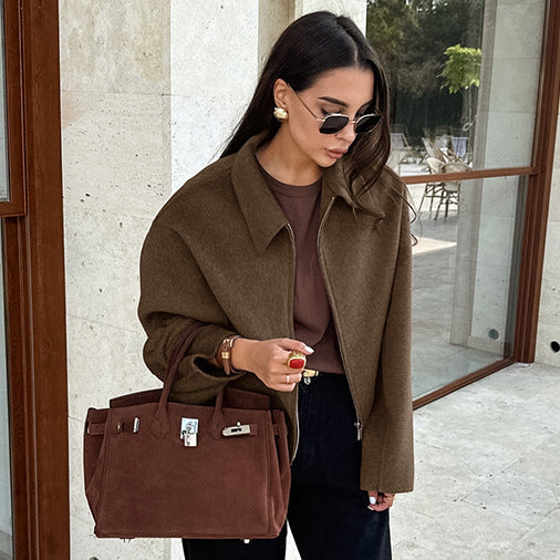 Brown Zip Up Short Jacket with Long Sleeves for Women - Rosalinda