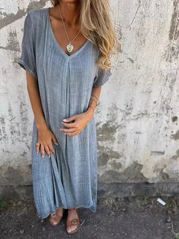 Casual Midi Summer Dress with V-Neck for Women | Loose Fit Style