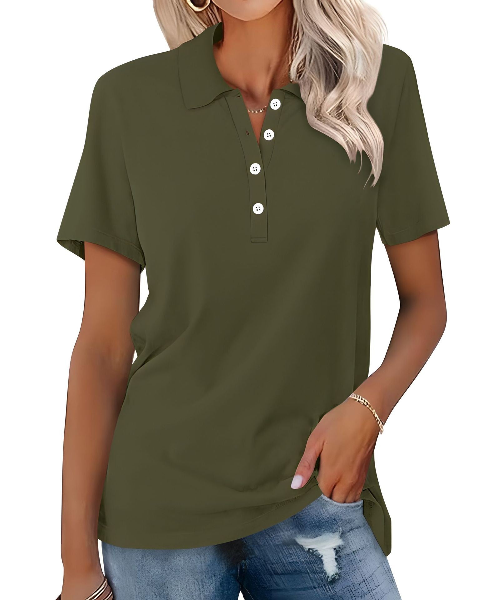 Soft Breathable Casual Polo Shirt with Short Sleeves for Women