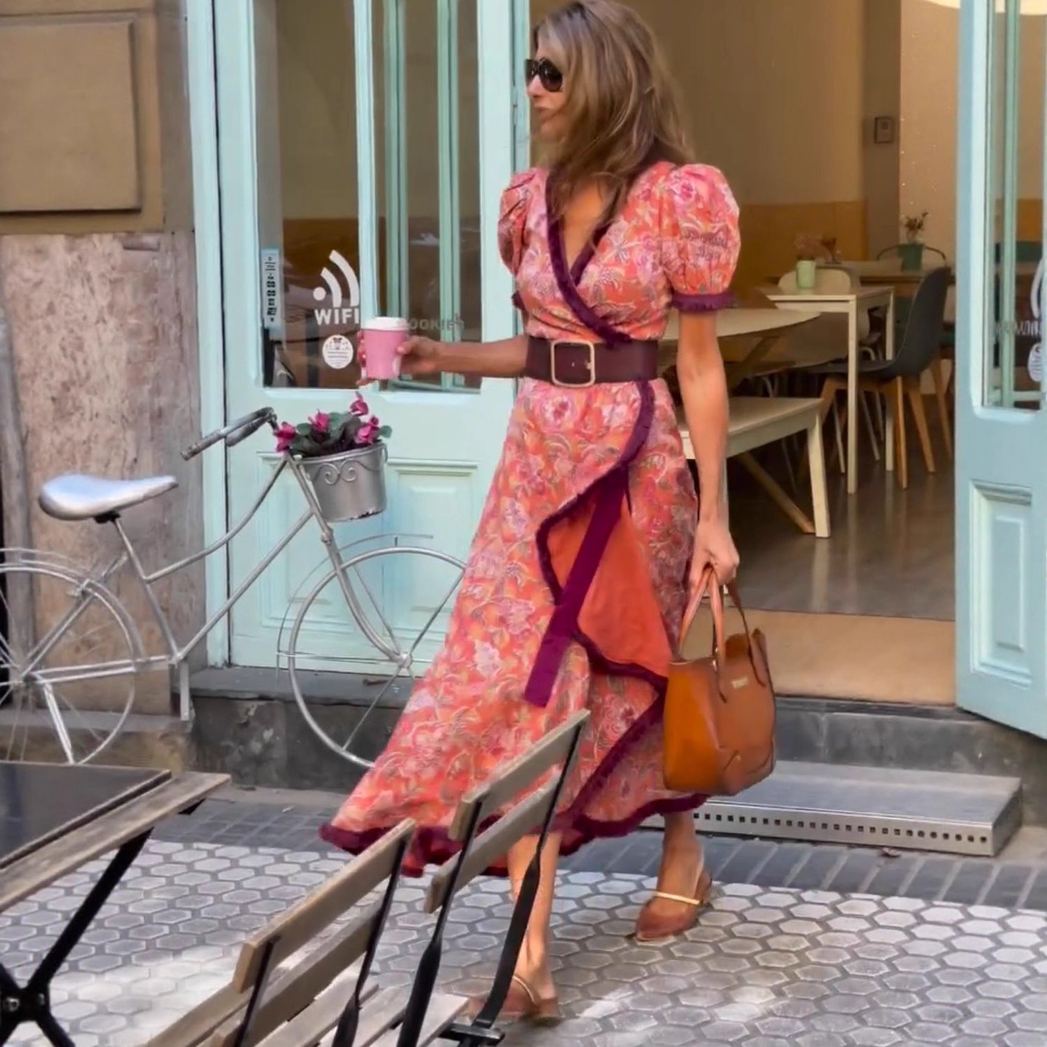 Pink Floral Wrap Maxi Dress with Puff Sleeves for Women - Rita