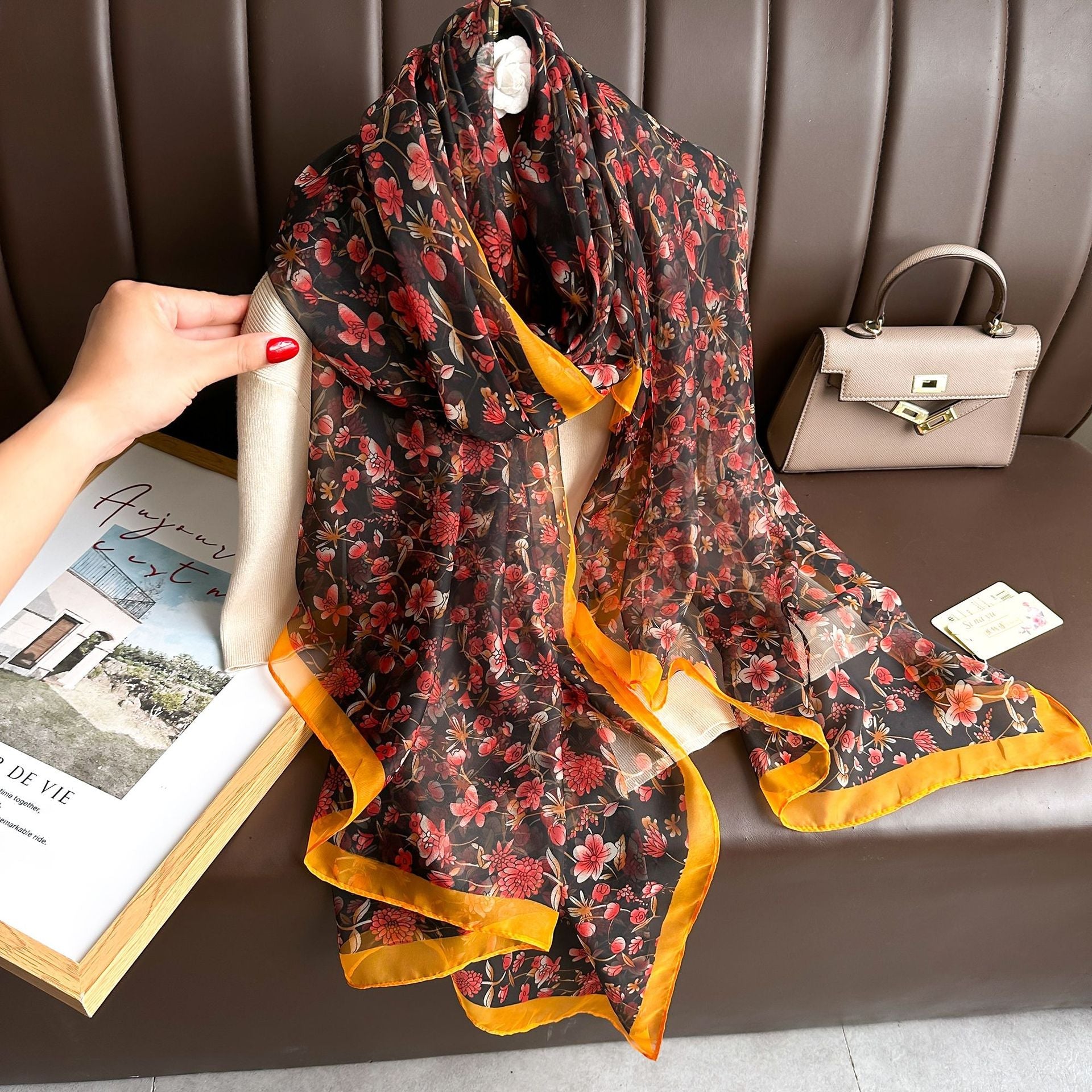 Silk Floral Print Chiffon Scarf for Women - Rosaria
