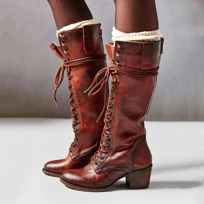 Women’s Knee High Leather Boots with Lace Up and Side Zip